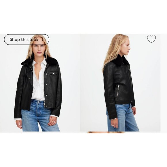 Madewell $625 Sherpa-Collar Zip-Front Jacket in Leather Black Size M NS382